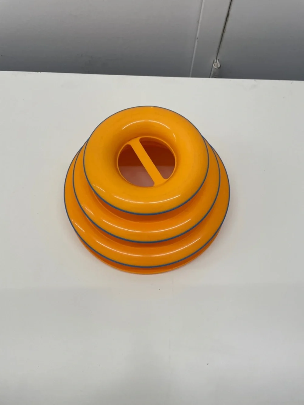 Petstages tower of tracks Bright Orange Stacking Ring Toy with Blue Trim Cat Toy